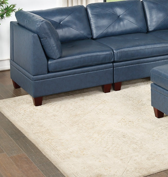 Sumptuous Ink Blue Genuine Leather 6pc Modular Sofa Set with Tufted Details