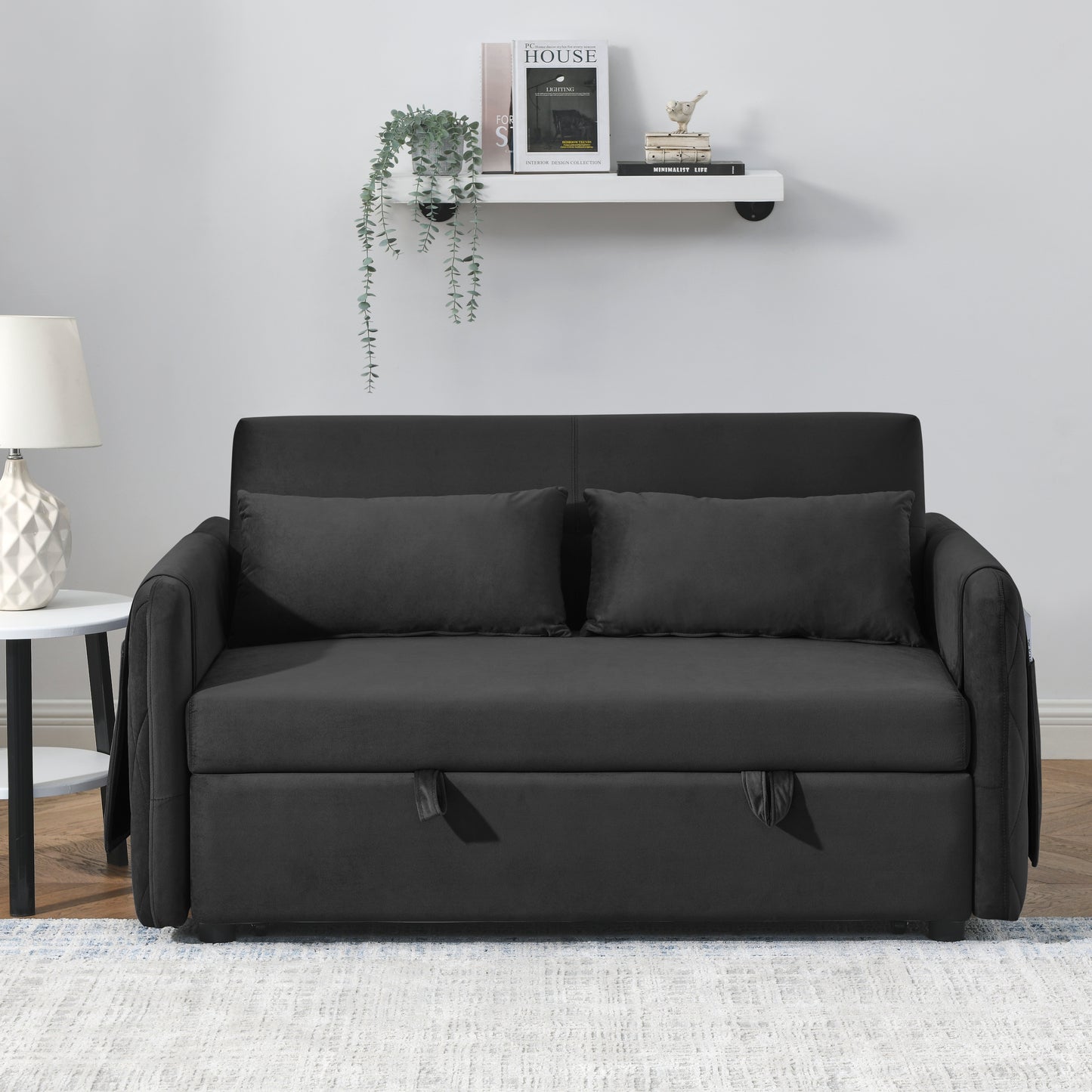 55 Modern Velvet Convertible Sofa Bed with Adjustable Backrest and Detachable Arm Pockets