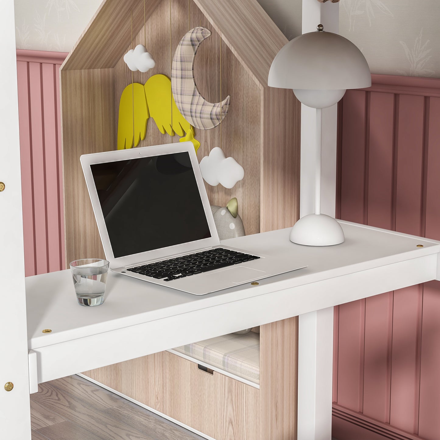 Twin Loft Bed with  built-in desk,White