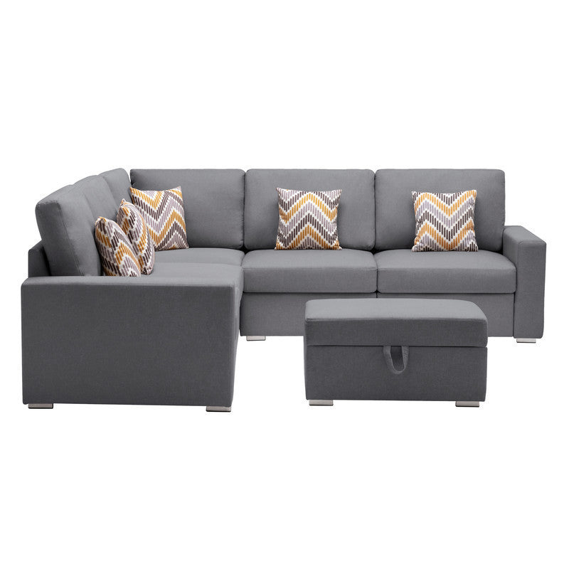 Gray Linen Fabric 6-Piece Reversible Sectional Sofa Set with Pillows, Storage Ottoman, and Interchangeable Legs