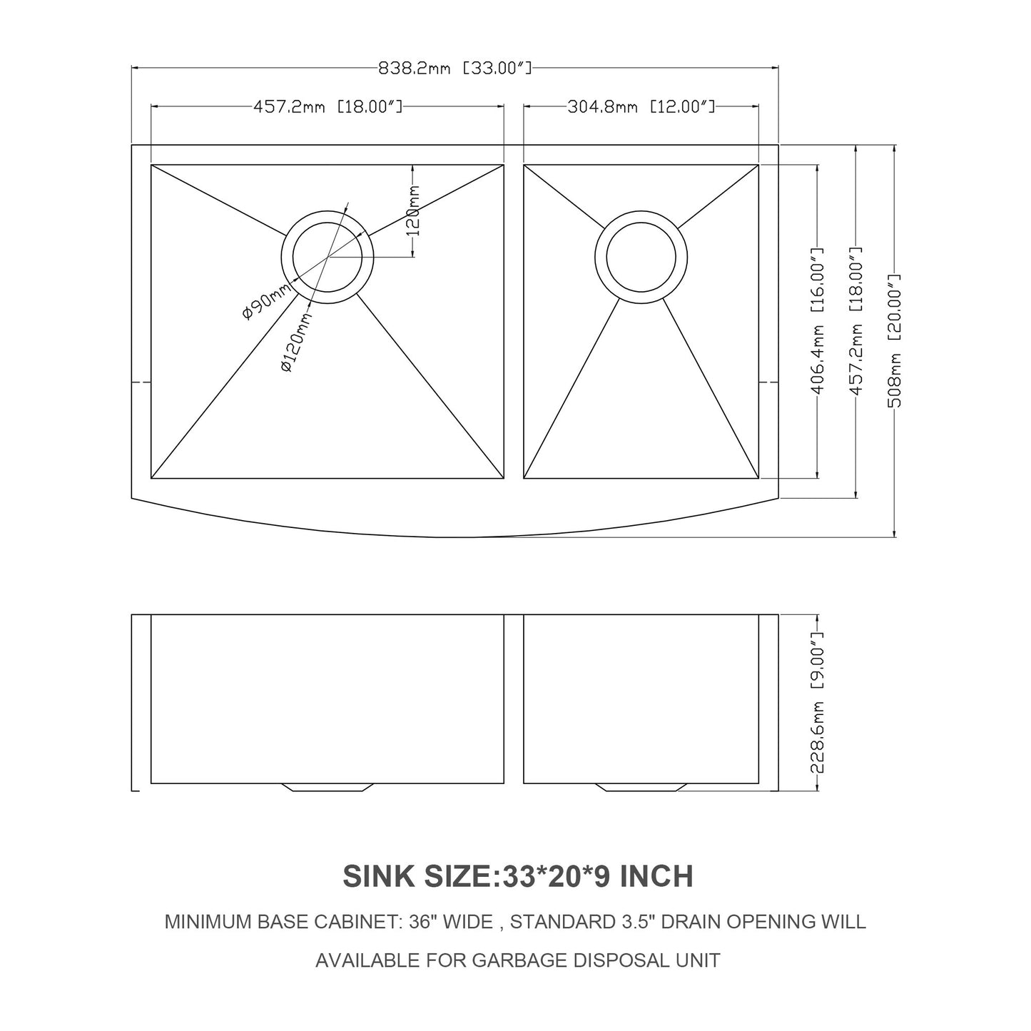 Farmhouse Double Bowl Kitchen Sink - Stainless Steel 33x20 Undermount Apron Front Sink