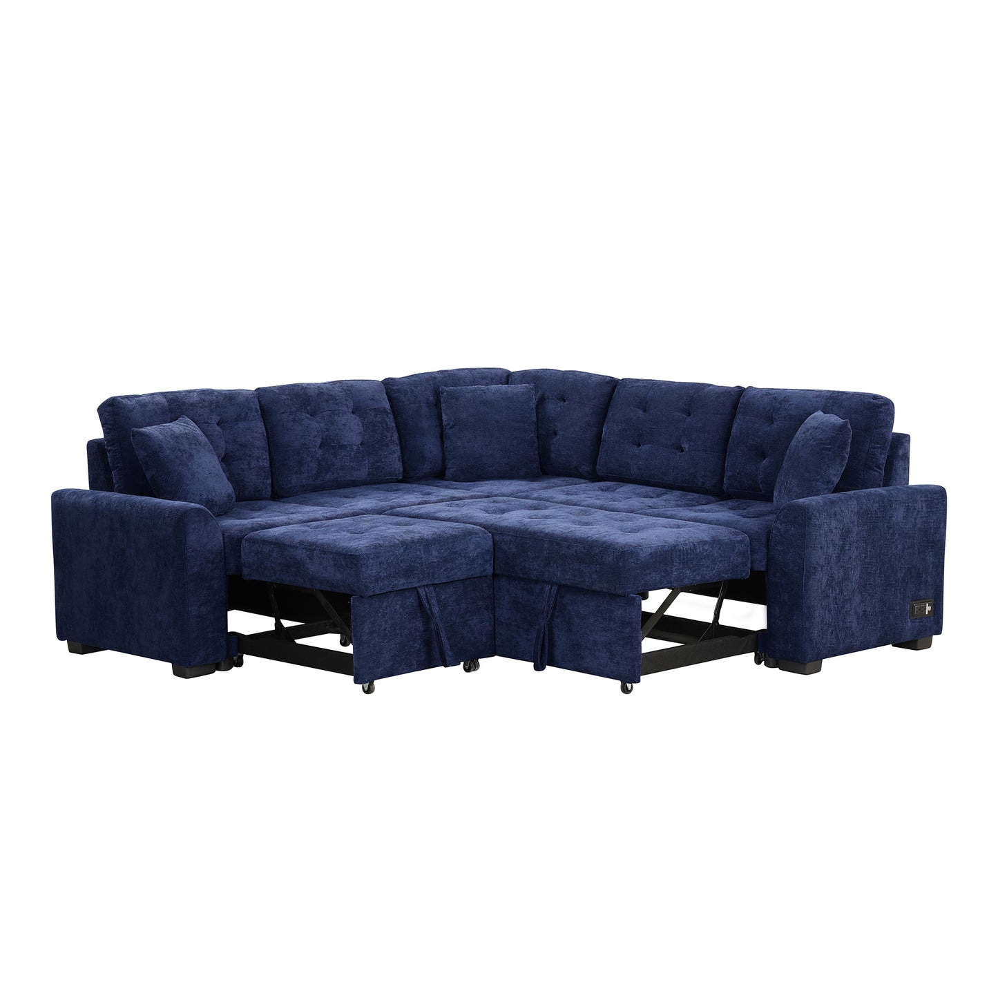 Convertible Navy Blue L-Shape Sleeper Sofa with USB Ports and Power Sockets