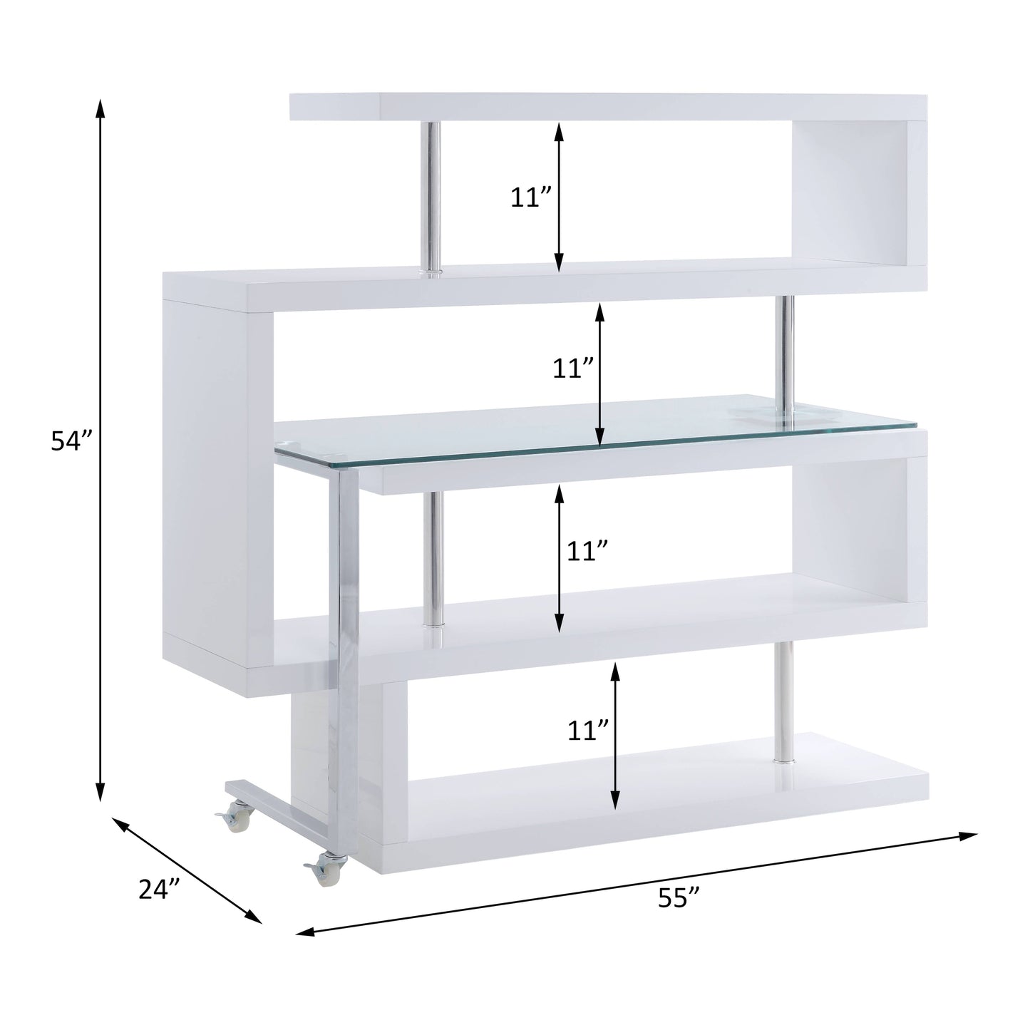 Sleek Clear Glass Writing Desk with Curved Shelf and White & Chrome Finish