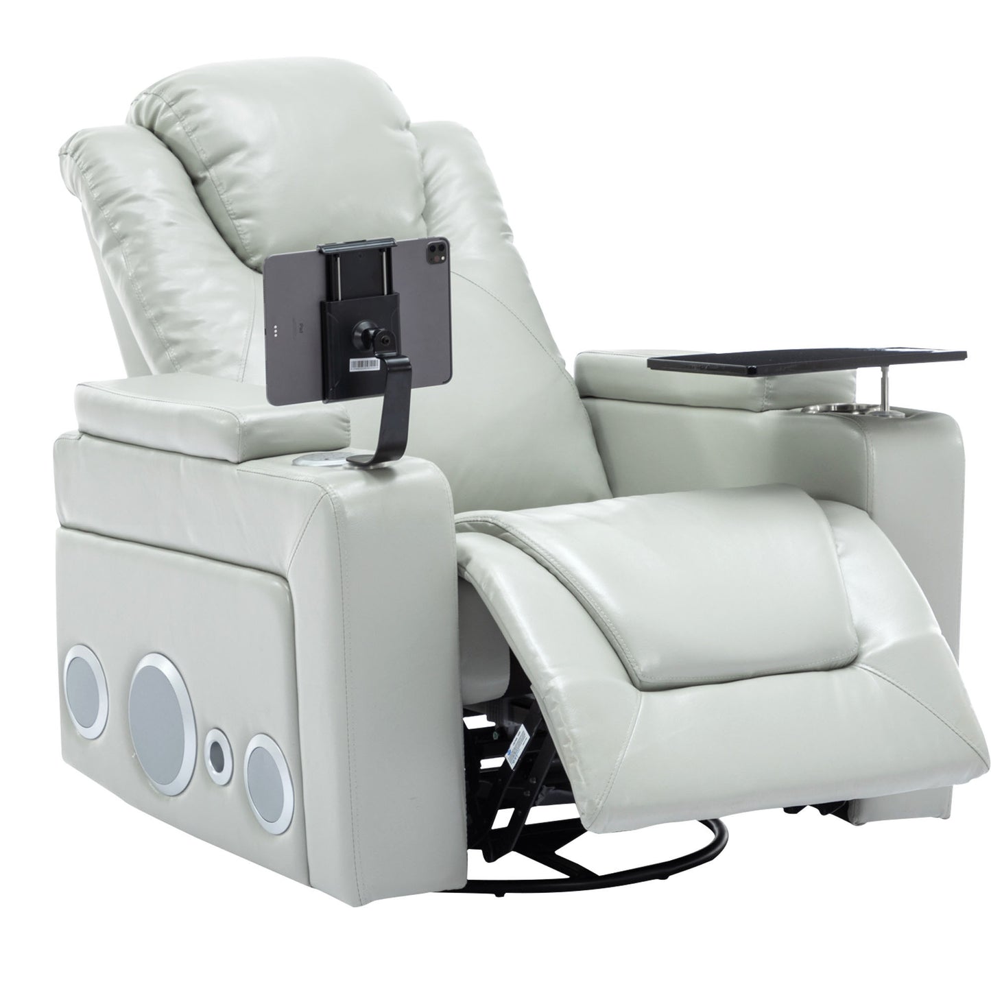 Luxurious Grey PU Leather Power Recliner with Surround Sound and Storage.