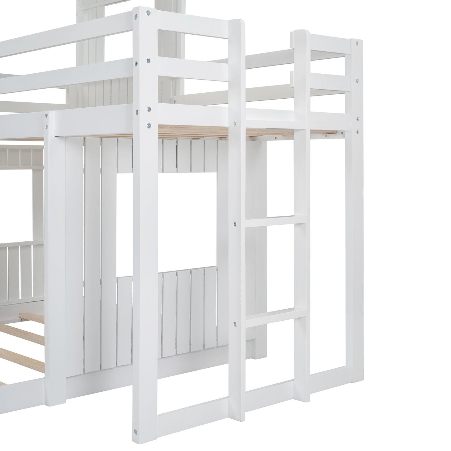 Whimsical Farmhouse Twin Over Full Bunk Bed with Playhouse in White