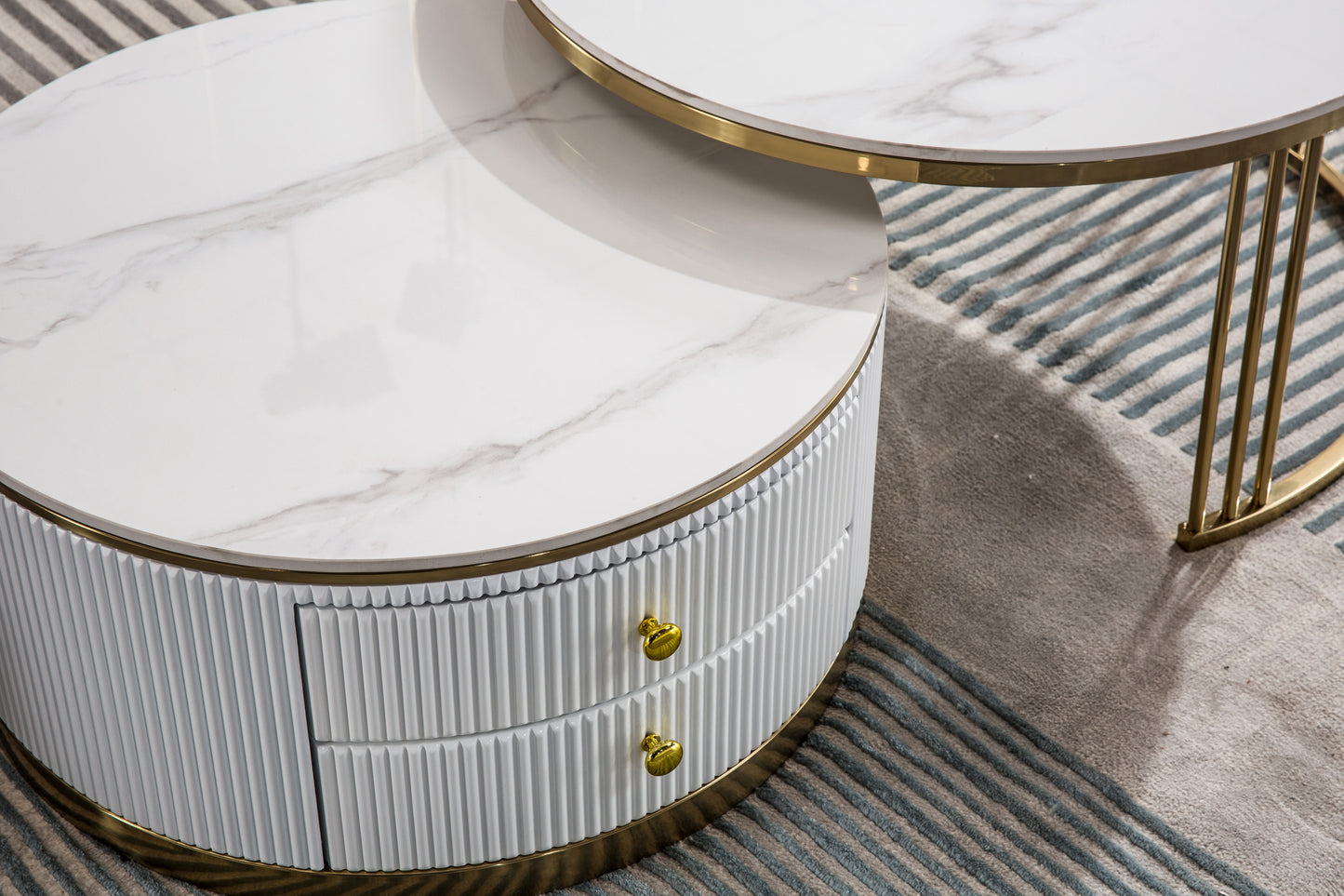 Contemporary Nested MDF Coffee Table Set of 2 with Sintered Stone Appearance and Gold Finish Metal Base