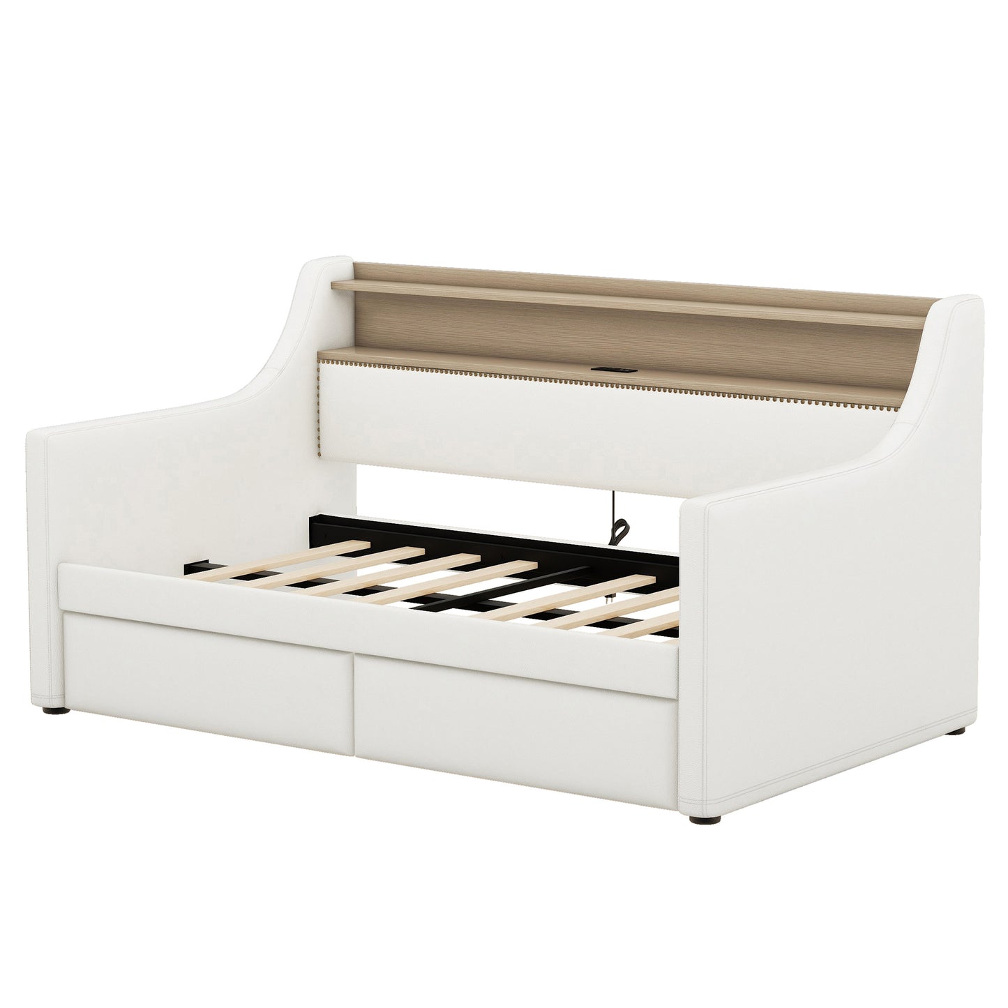 Twin Size Daybed with Storage Drawers, Upholstered Daybed with Charging Station and LED Lights, White