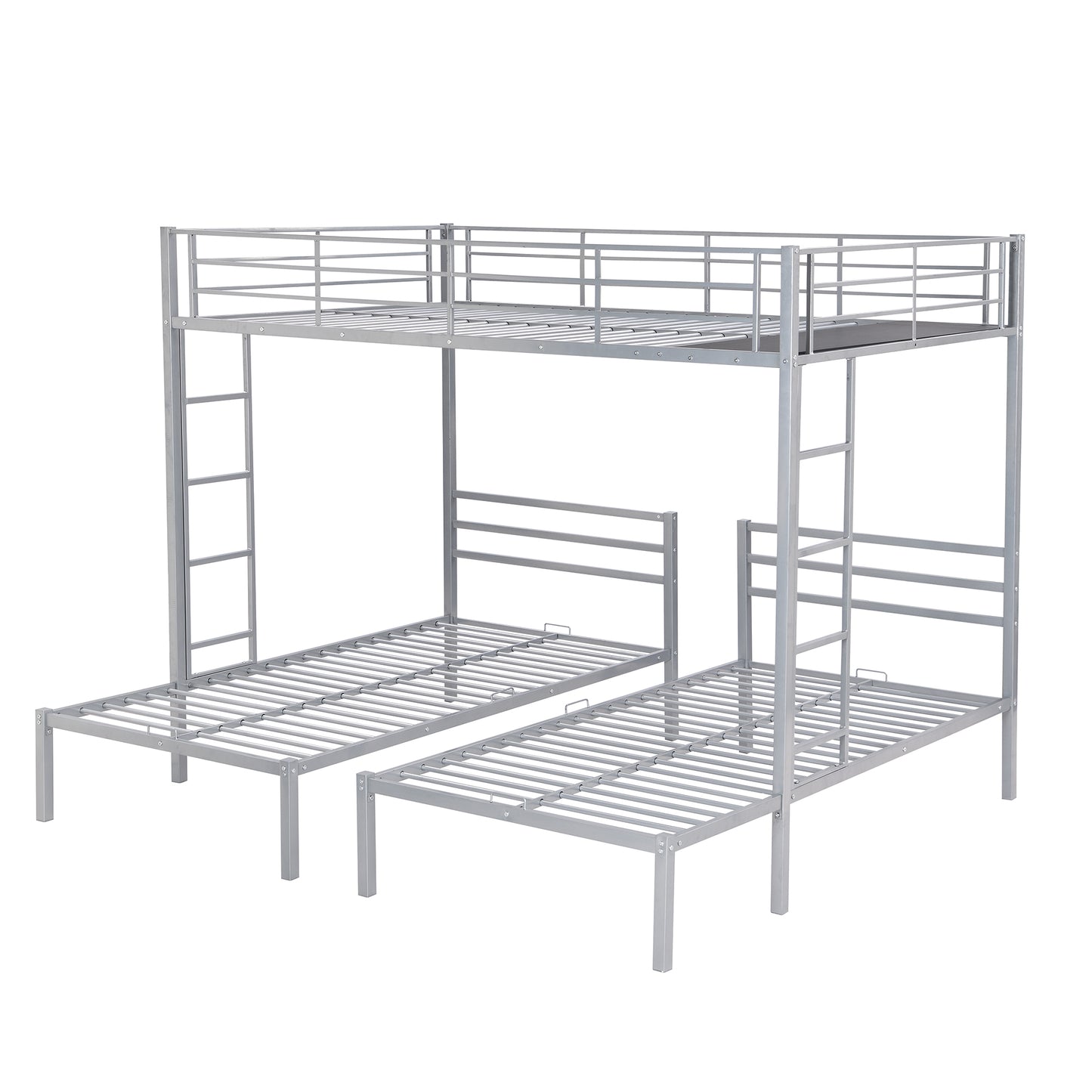 Space-Saving Silver Metal Triple Bunk Bed with Storage Shelf - Full over Twin & Twin Size