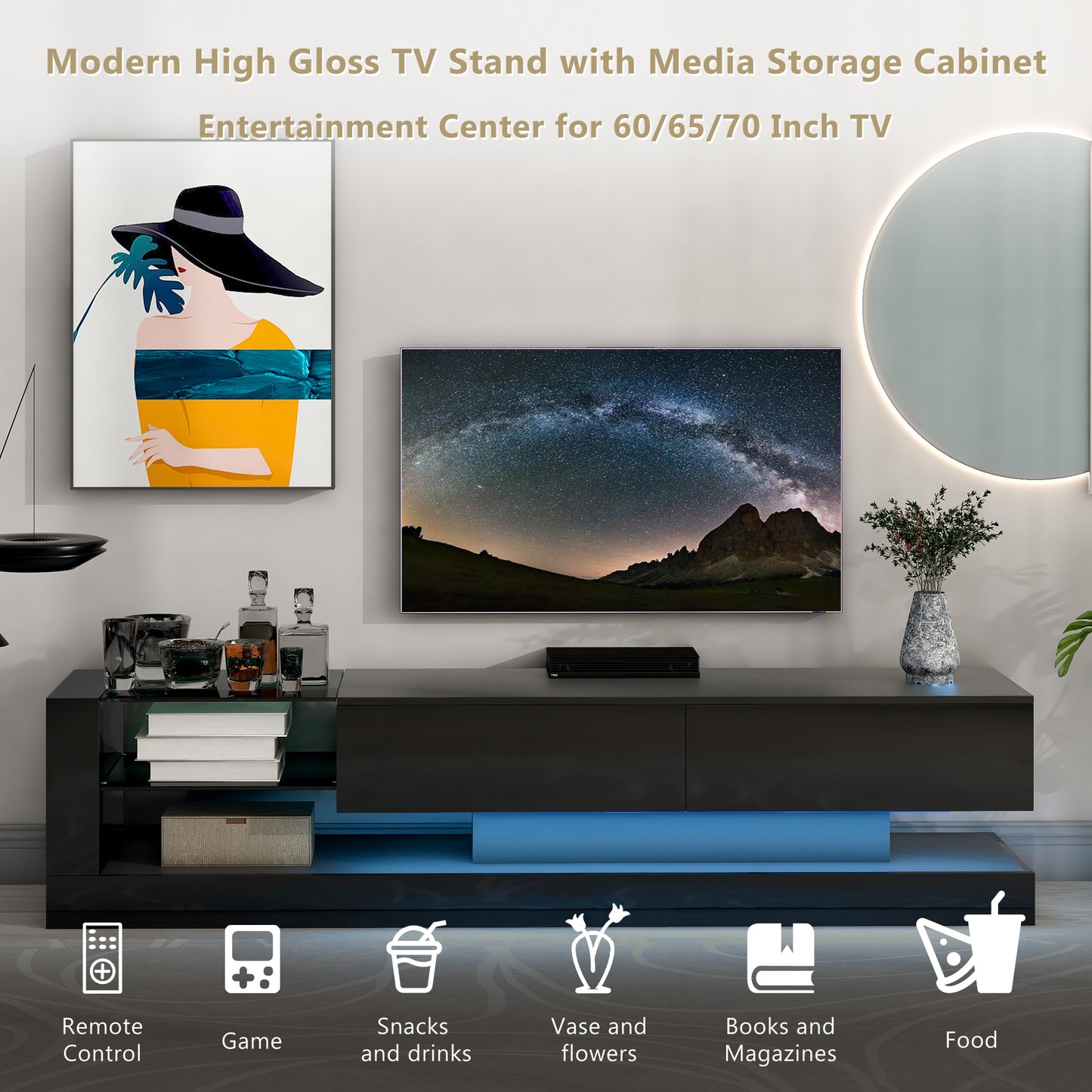 Sleek Black TV Stand with Multi-Colored RGB LED Lighting and Spacious Storage