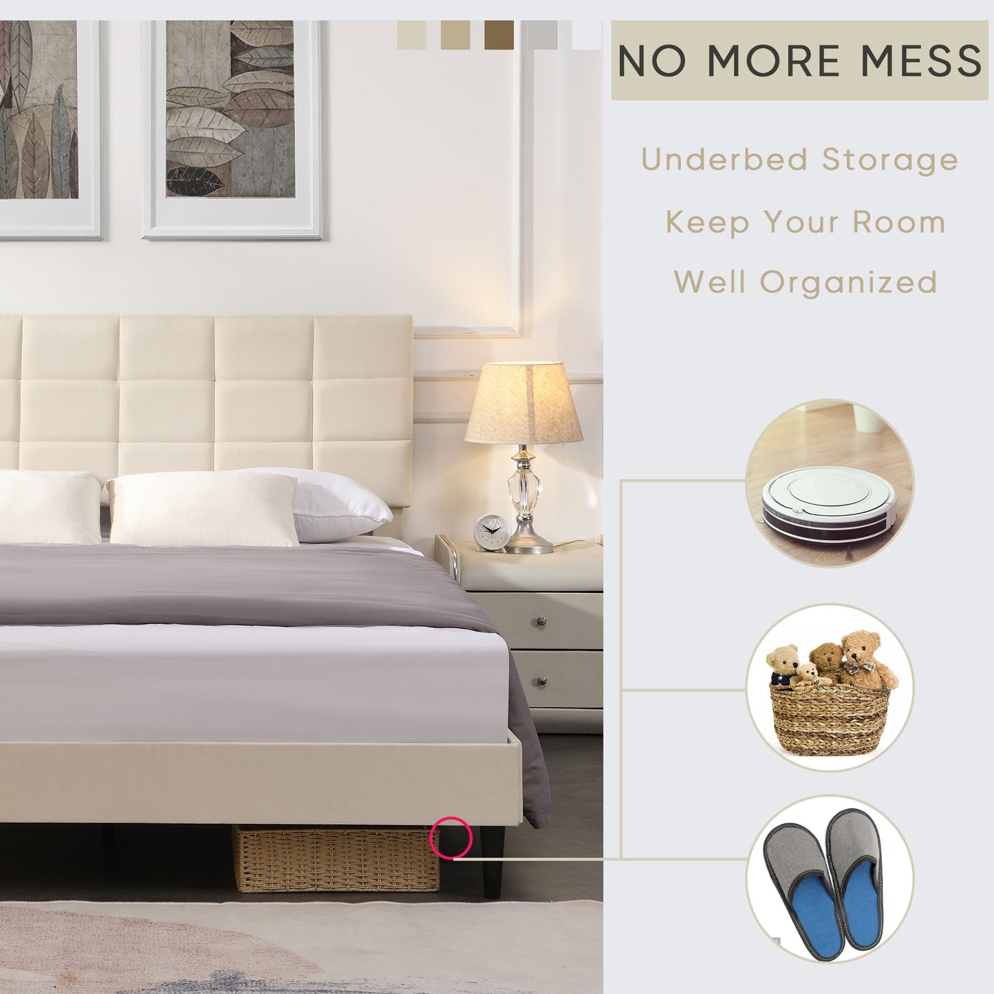 Queen Size Platform Bed Frame with Fabric Upholstered Headboard and Wooden Slats, No Box Spring Needed/Easy Assembly, Beige