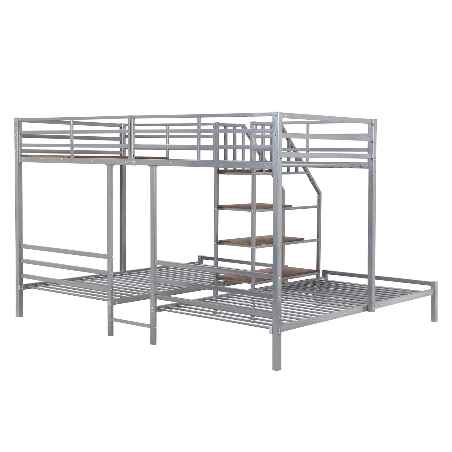 Three-Tiered Metal Bunk Bed with Storage and Staircase, Silver Twin over Twin