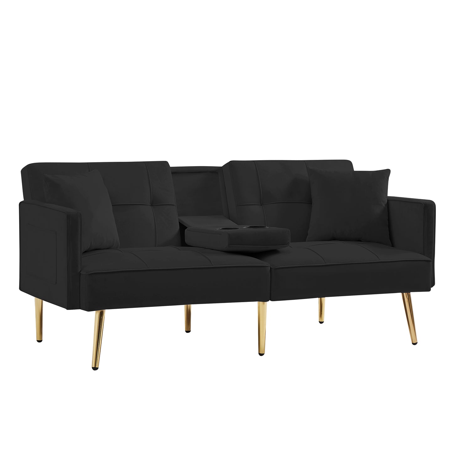 Black Velvet Futon Sofa Bed with Gold Metal Legs