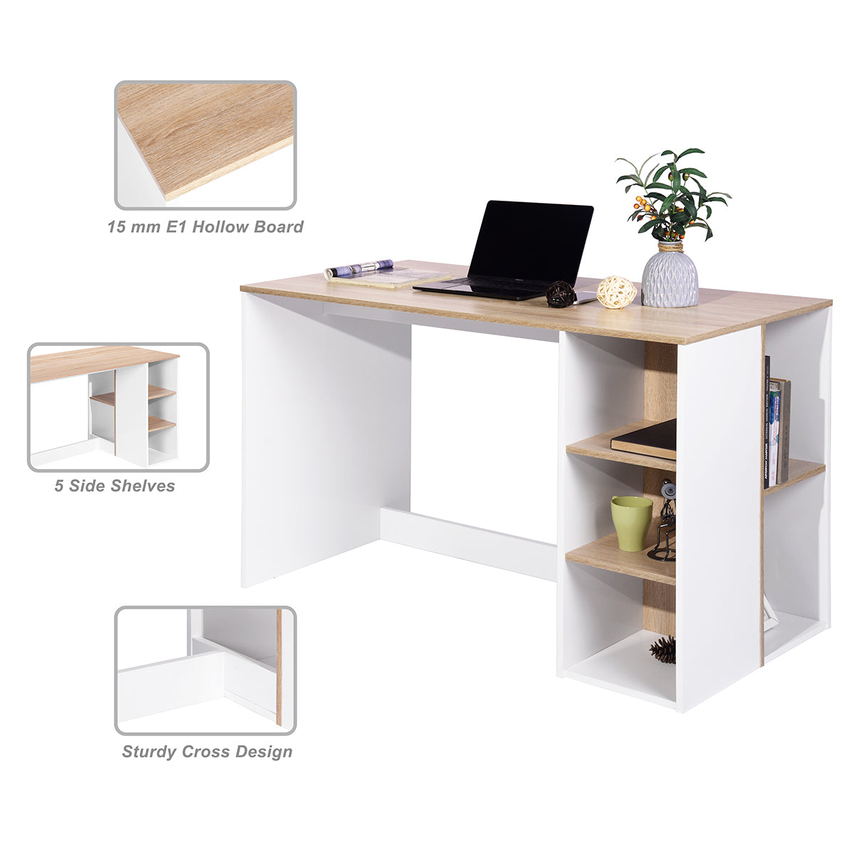 Modern Oak White Computer Desk with 5 Storage Shelves for Small Spaces