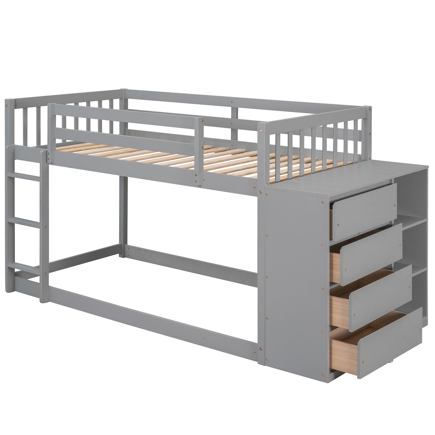 Space-Saving Gray Twin Bunk Bed with Storage and Built-in Shelves for Twin over Twin Configuration