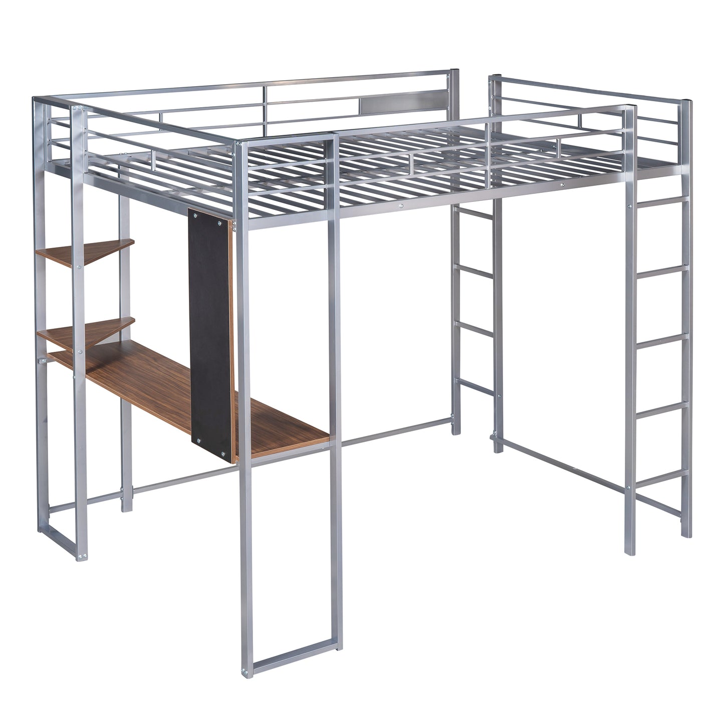 Full Size Metal Loft Bed with 2 Shelves and one Desk ,Silver