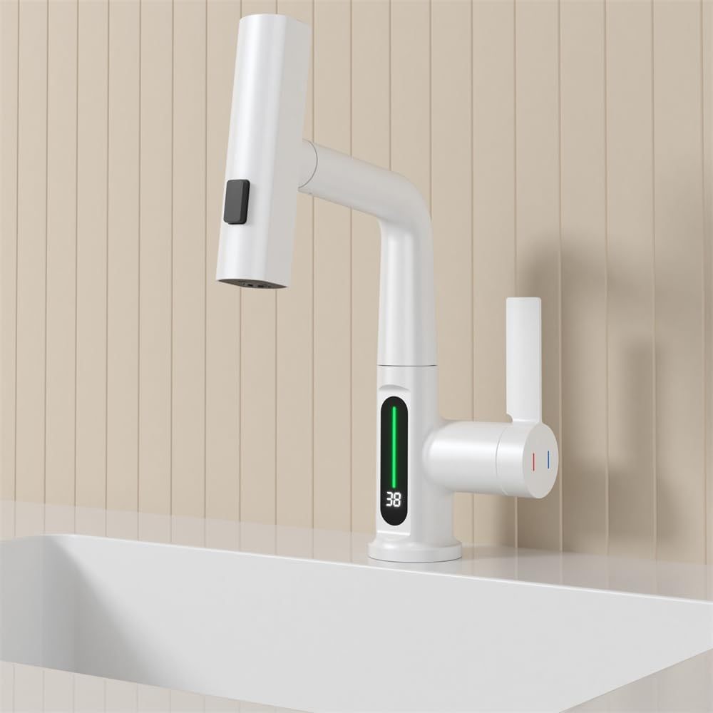 3-in-1 White LED Temperature Display Pull-Out Bathroom Basin Faucet