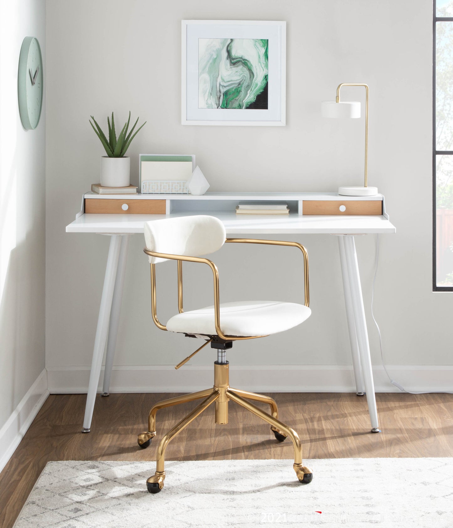 LumiSource Harvey Modern White Steel and Wood Desk with Natural Accents