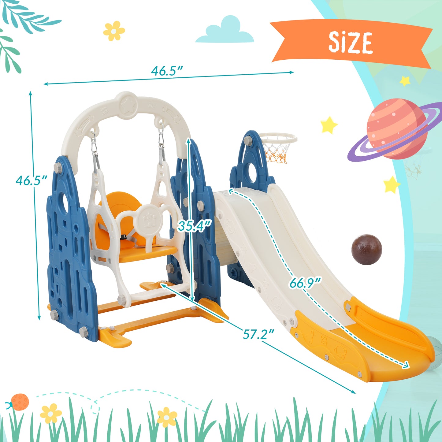 4-in-1 Toddler Playground Climber, Slide, Swing Set with Basketball Hoop