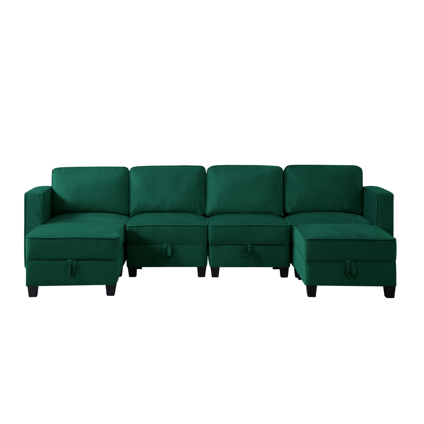 Modular Green Velvet Sectional Sofa with Ottoman and Hidden Storage