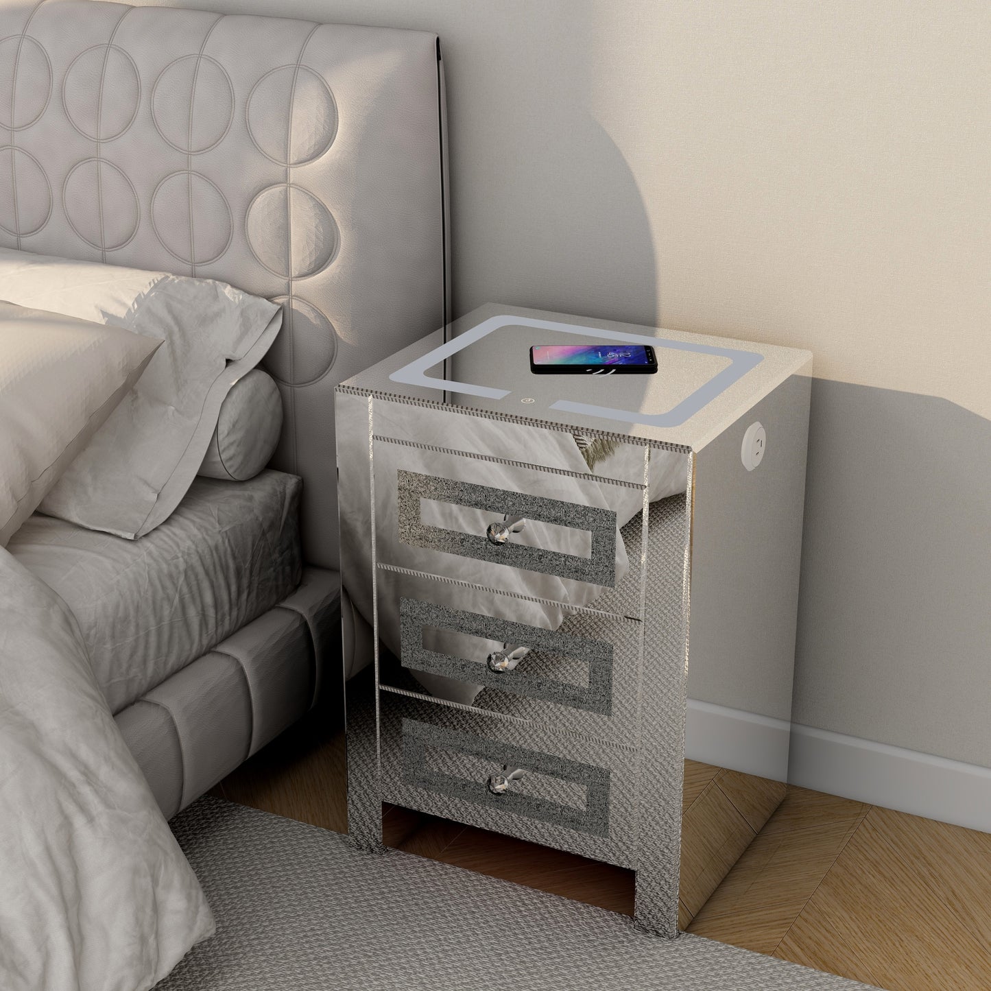 Silver glass nightstand for living room, bedside table with wireless charging and charging ports