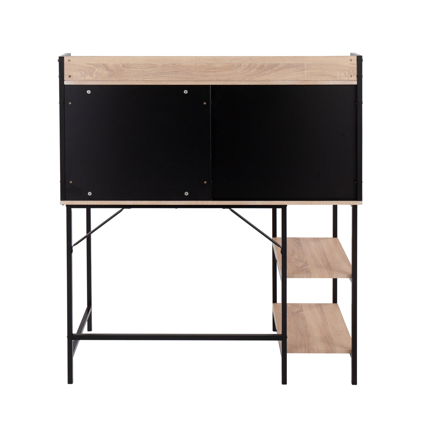 Elegant Black Steel and Wood Desk with Shelves for a Chic Workspace