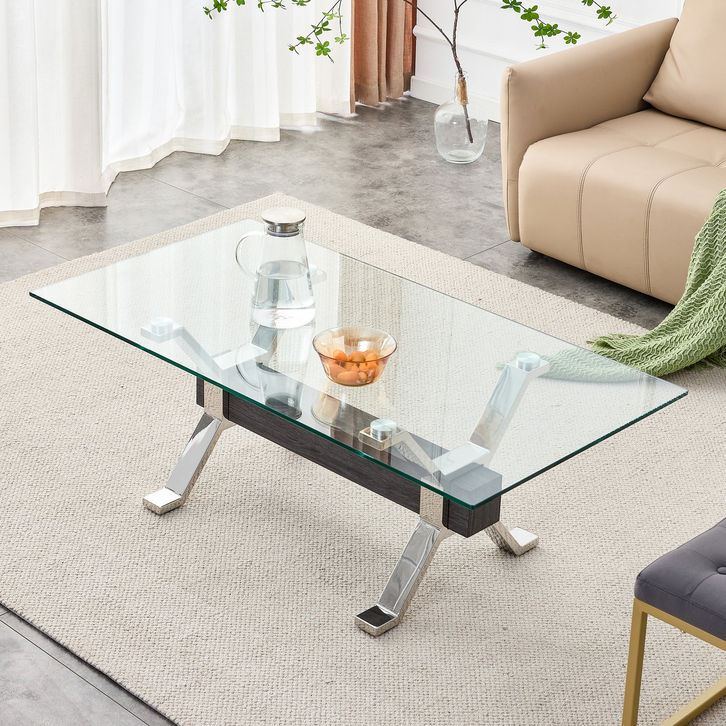 Contemporary Glass Coffee Table with Plated Metal Legs and MDF Crossbar, Ideal for Home and Office