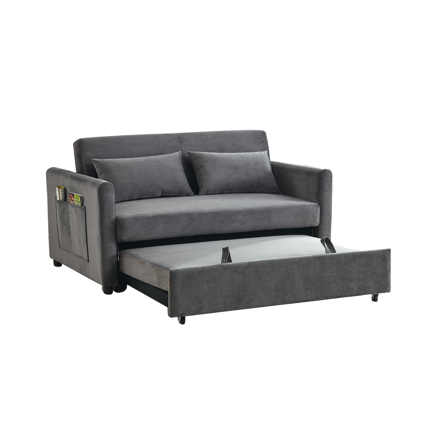 Convertible Sofa Bed, 3-in-1 Versatile Velvet Double Sofa with Pullout Bed, Seat with Adjustable Backrest, Lumbar Pillows, and Living Room Side Pockets, 54 Inch, Grey