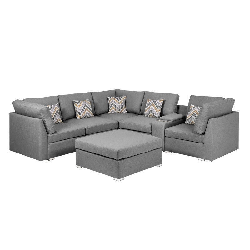 Amira Gray Fabric Sectional Sofa Set with USB Console and Ottoman