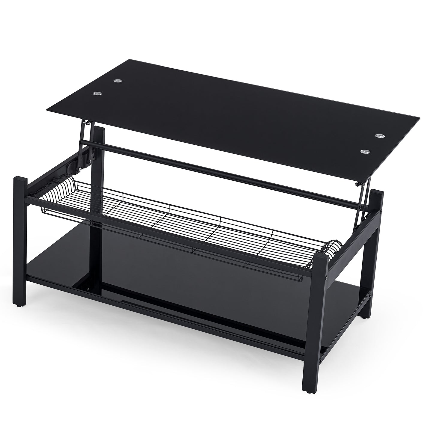 Black Lift Coffee Table with Hidden Storage Shelves and Tempered Glass Top Dining Table