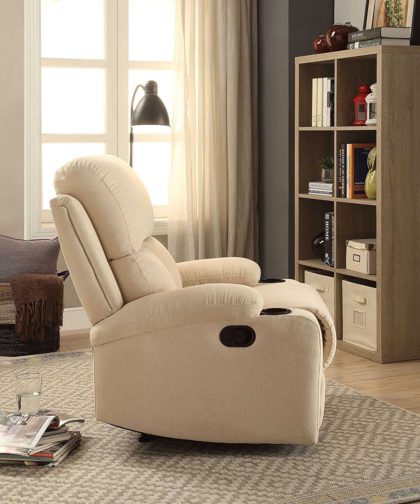 Beige Velvet Motion Recliner with Armrest Cup Holders