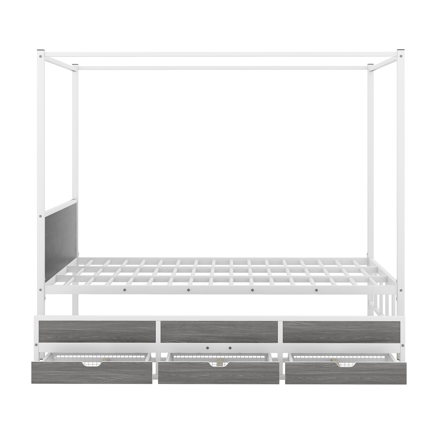 Queen Size Metal Canopy Platform Bed with Twin Size Trundle and 3 Storage Drawers, White