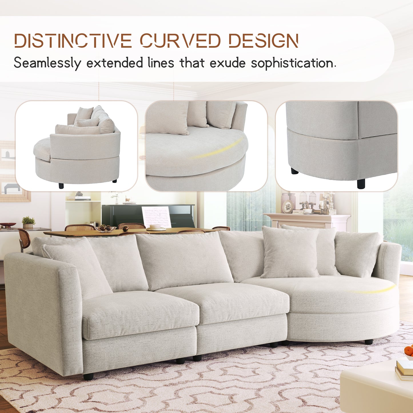 U_STYLE Three Indoor Cushioned Combination Sofas with Three Pillows and Curved Seat, for Living Room, Study Room, and Apartment