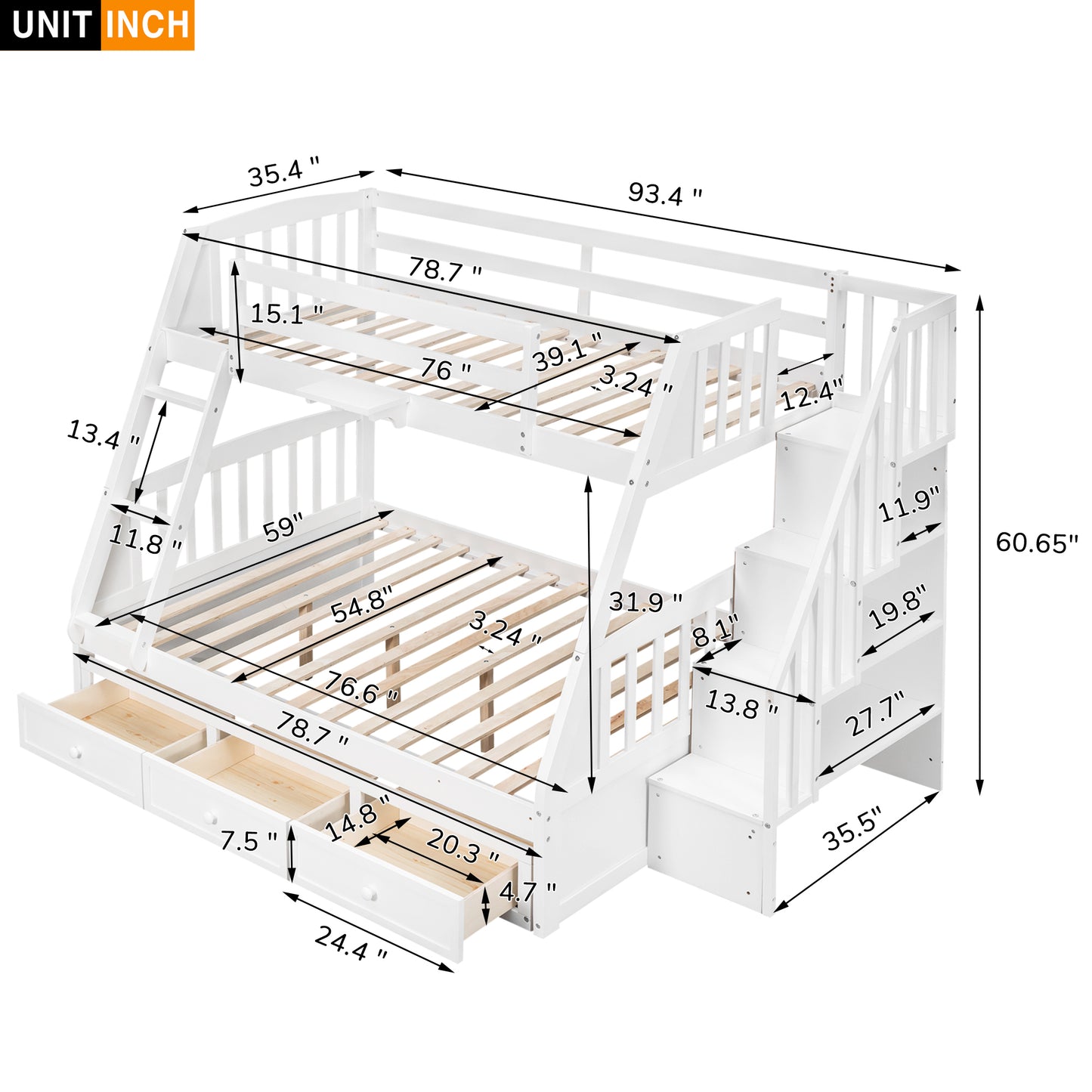 White Bunk Bed with Drawers, Ladder, and Storage Staircase for Twin and Full Sizes