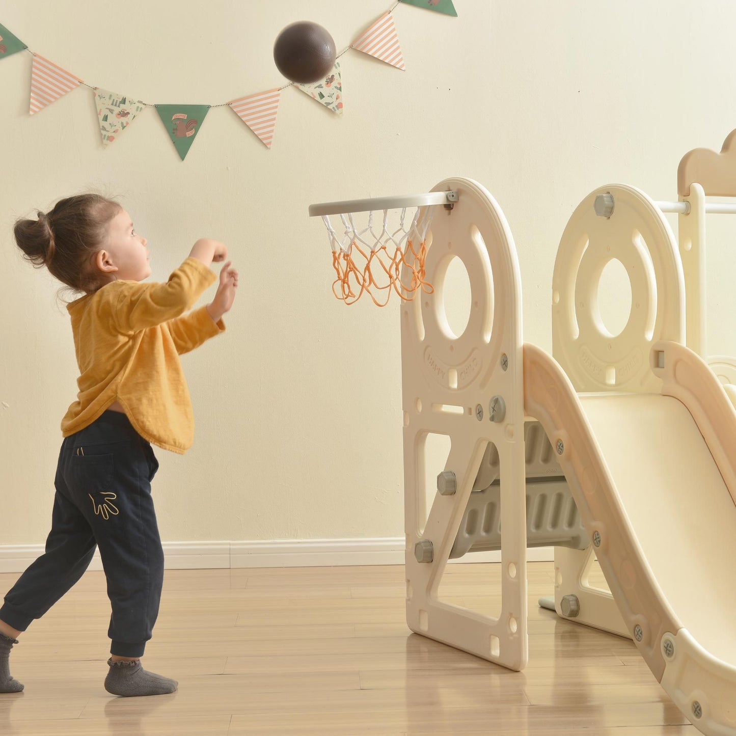 Bus-Themed Kids' Slide Set with Basketball Hoop and Freestanding Play Structure