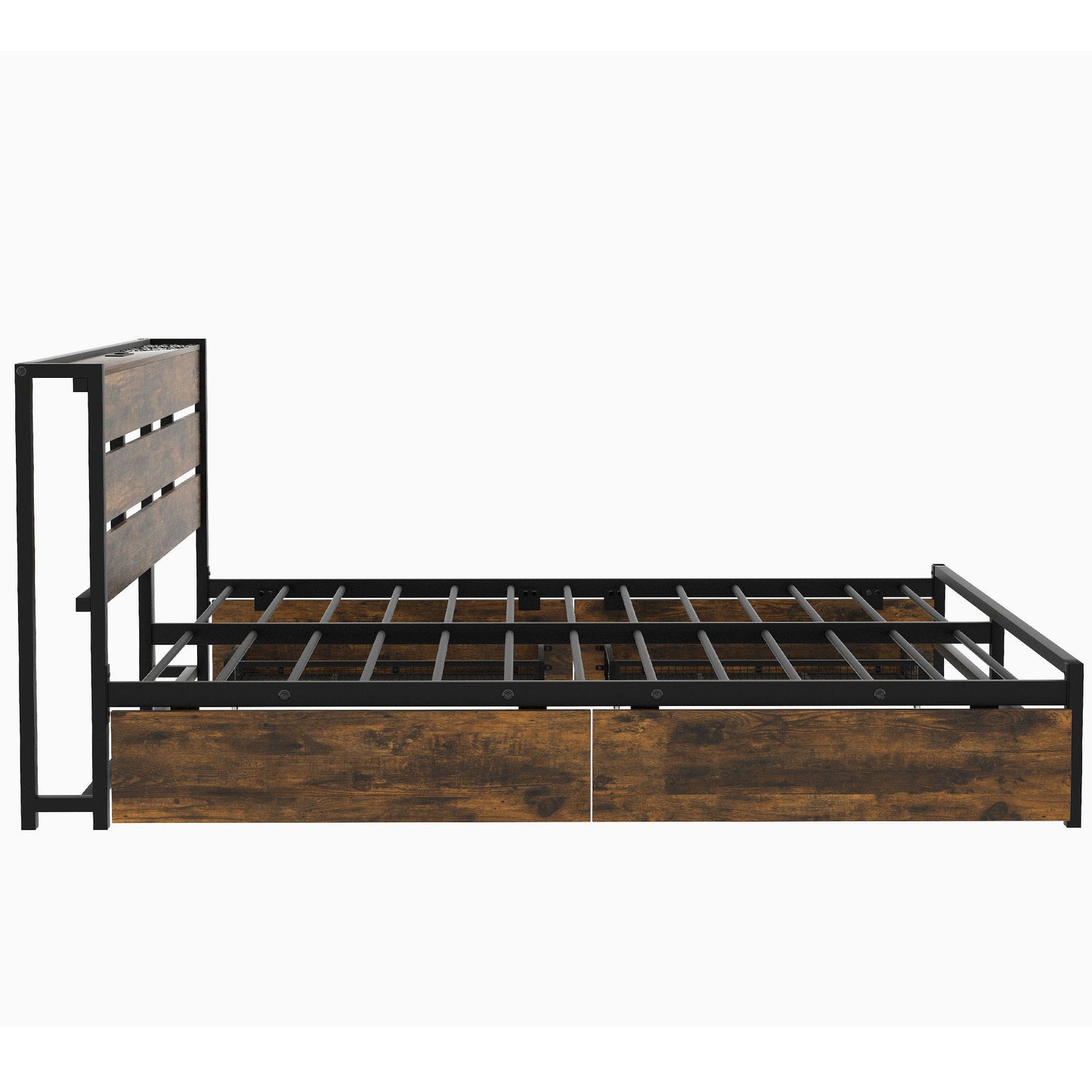 Metal Platform Bed With Four drawers, Sockets and USB Ports, Full, Black