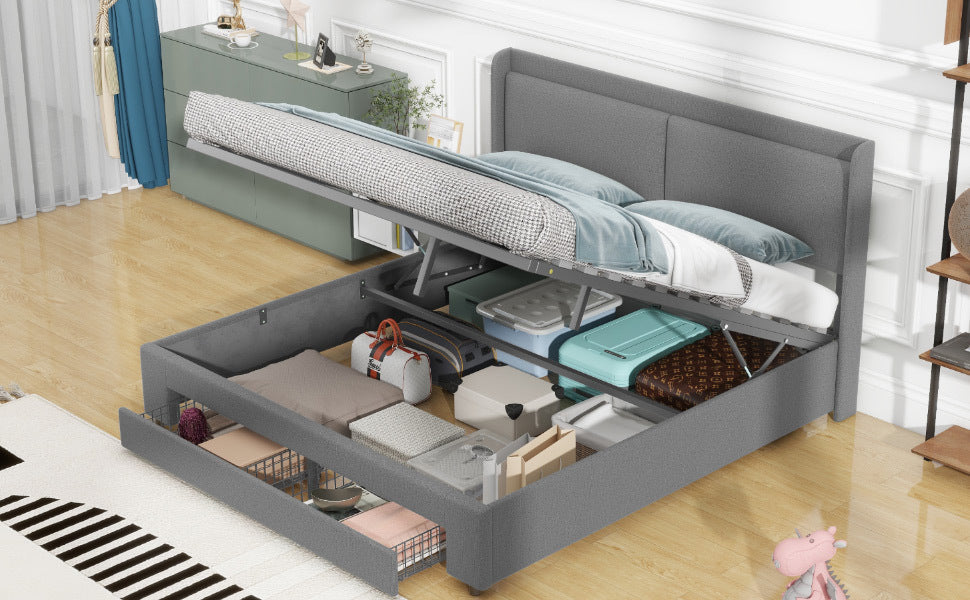 Queen Size Storage Upholstered Hydraulic Platform Bed with 2 Drawers, Gray