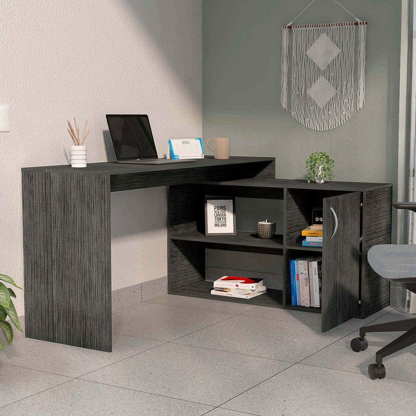 Lyncliff L-Shaped Office Desk with Ample Storage in Smokey Oak