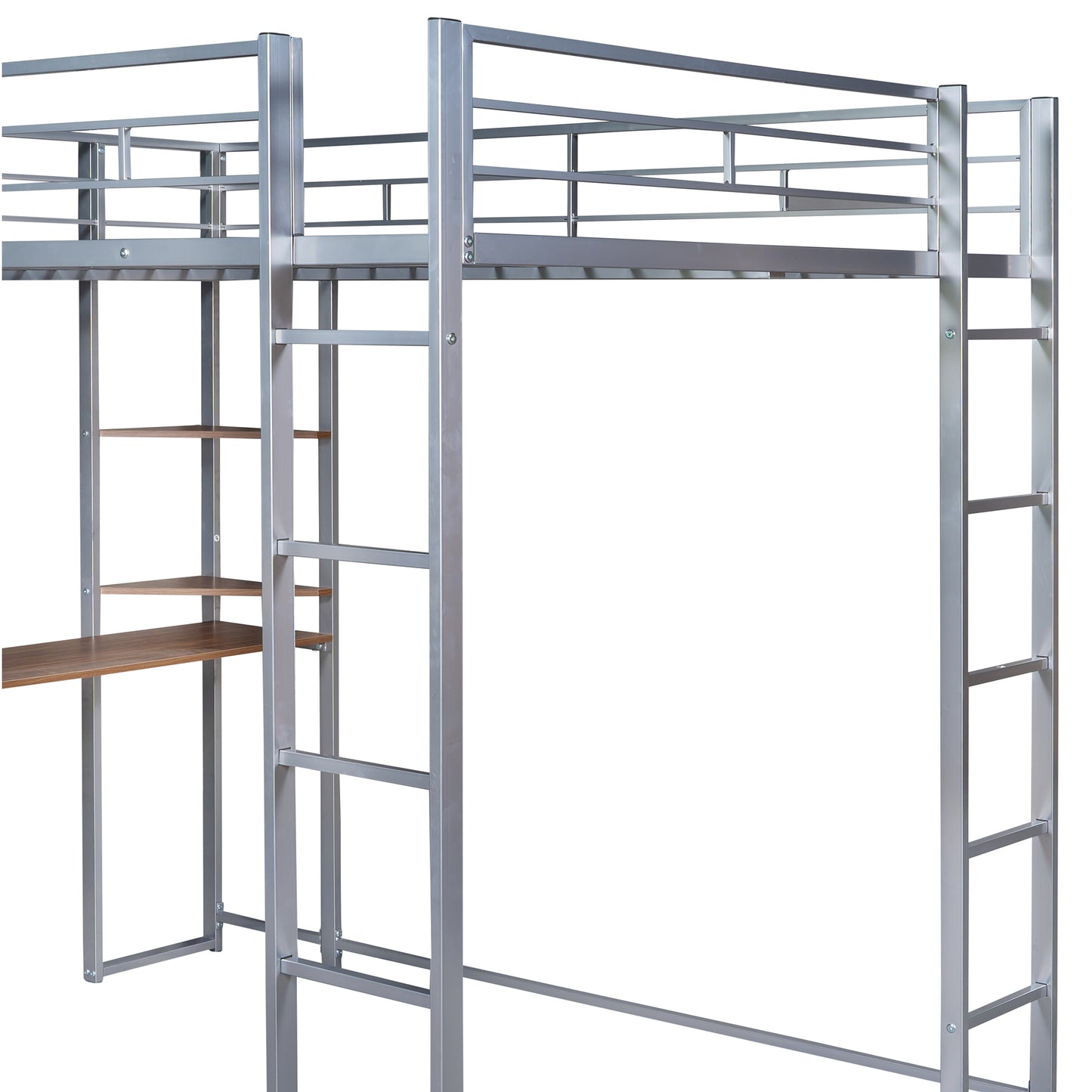 Full Size Metal Loft Bed with 2 Shelves and one Desk ,Silver