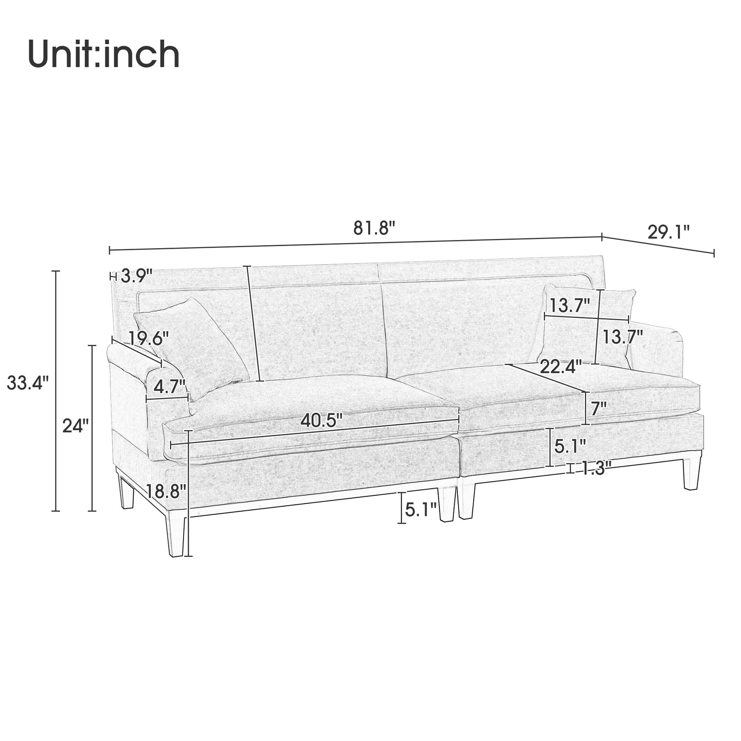 U-style Upholstered Country Style Sofa with Wooden Legs and Two Throw Pillows