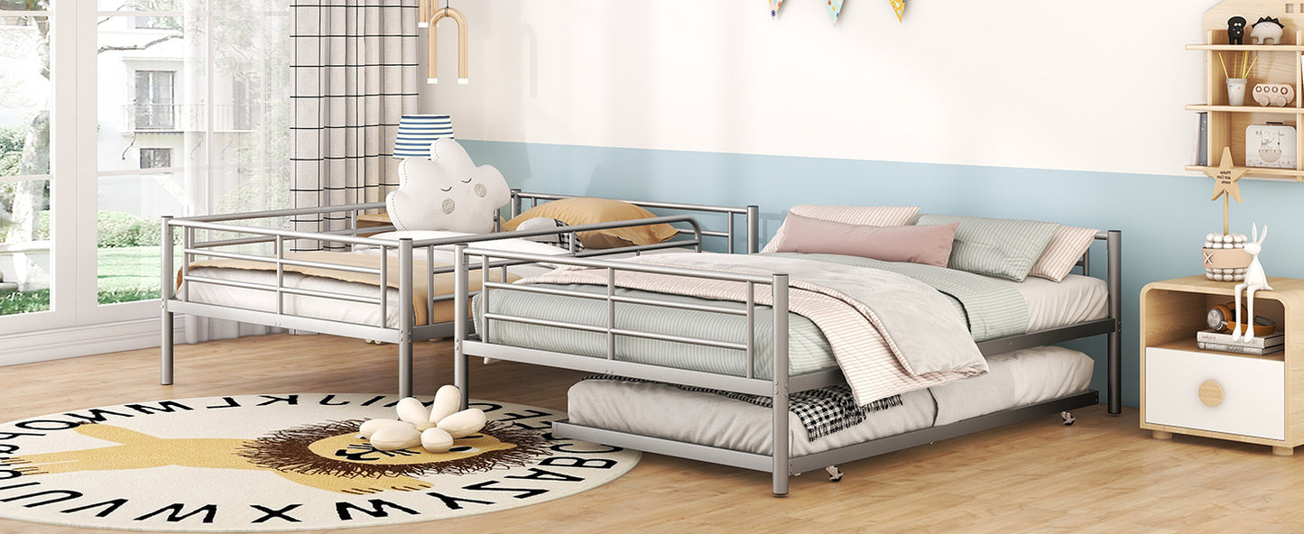 Silver Metal Full Over Full Bunk Bed Set with Trundle