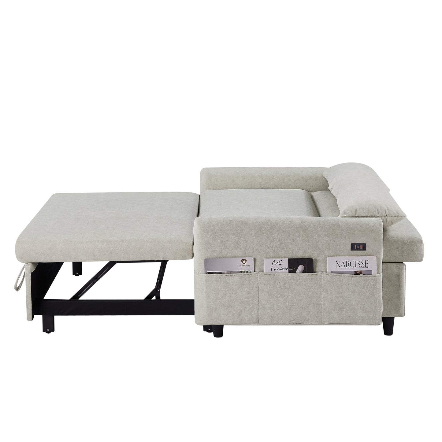 Adjustable Pull Out Sleep Sofa Bed Loveseat Couch with Storage Pockets, USB Ports, Beige