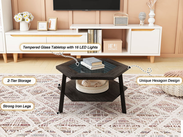 Modern Hexagonal LED Coffee Table with Bluetooth Speakers and Storage