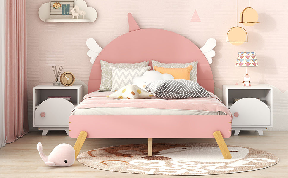 Wooden Cute Bed With Unicorn Shape Headboard,Full Size Platform Bed,Pink