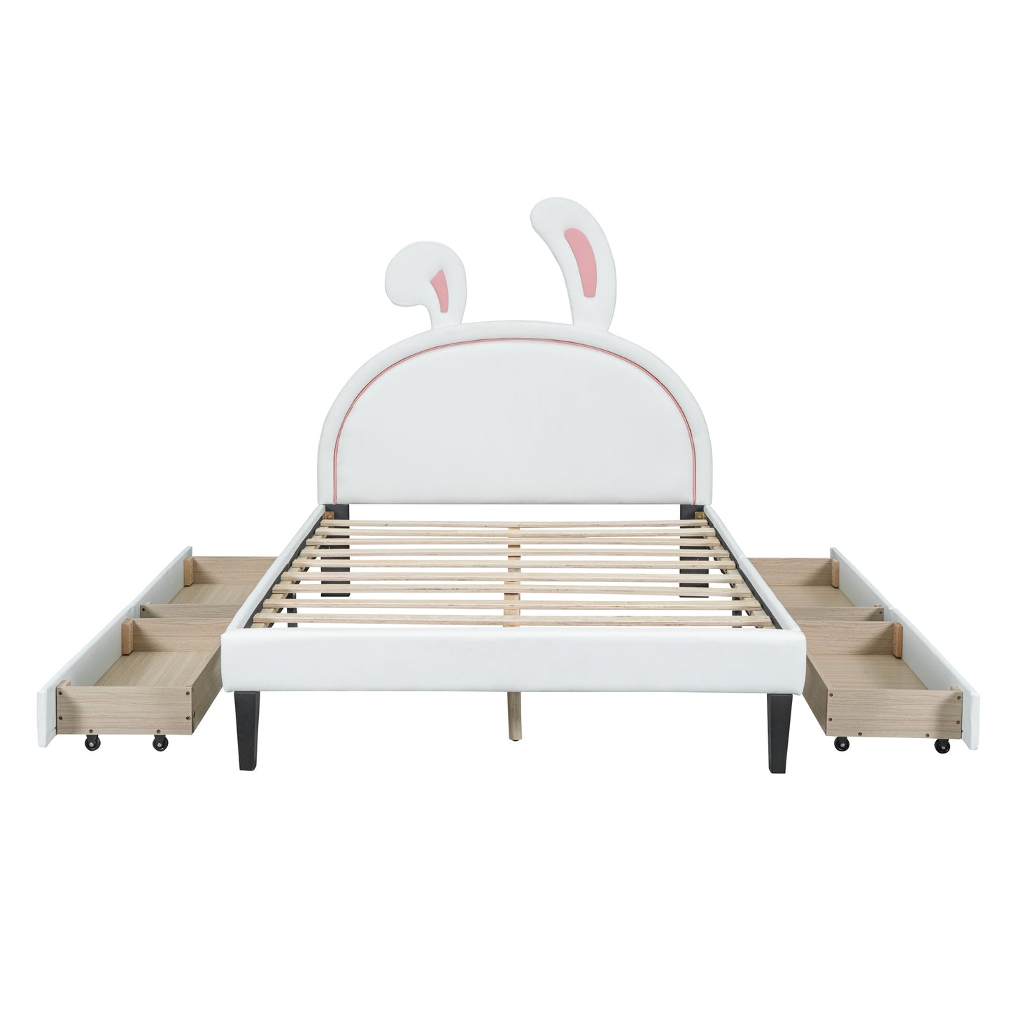 Full Size Upholstered Leather Platform Bed with Rabbit Ornament and 4 Drawers, White