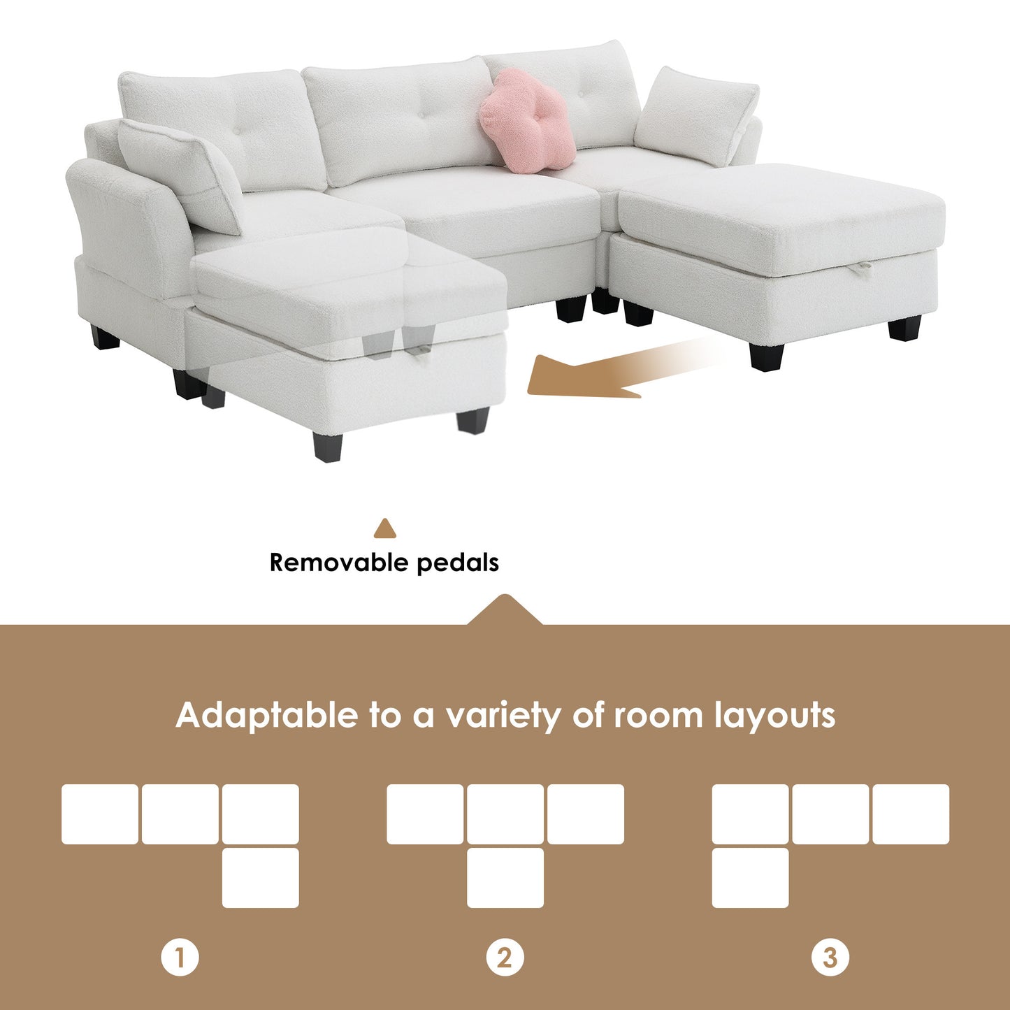 Luxurious Modern Teddy Velvet L-Shaped Sectional Sofa with Charging Ports and Storage Ottoman