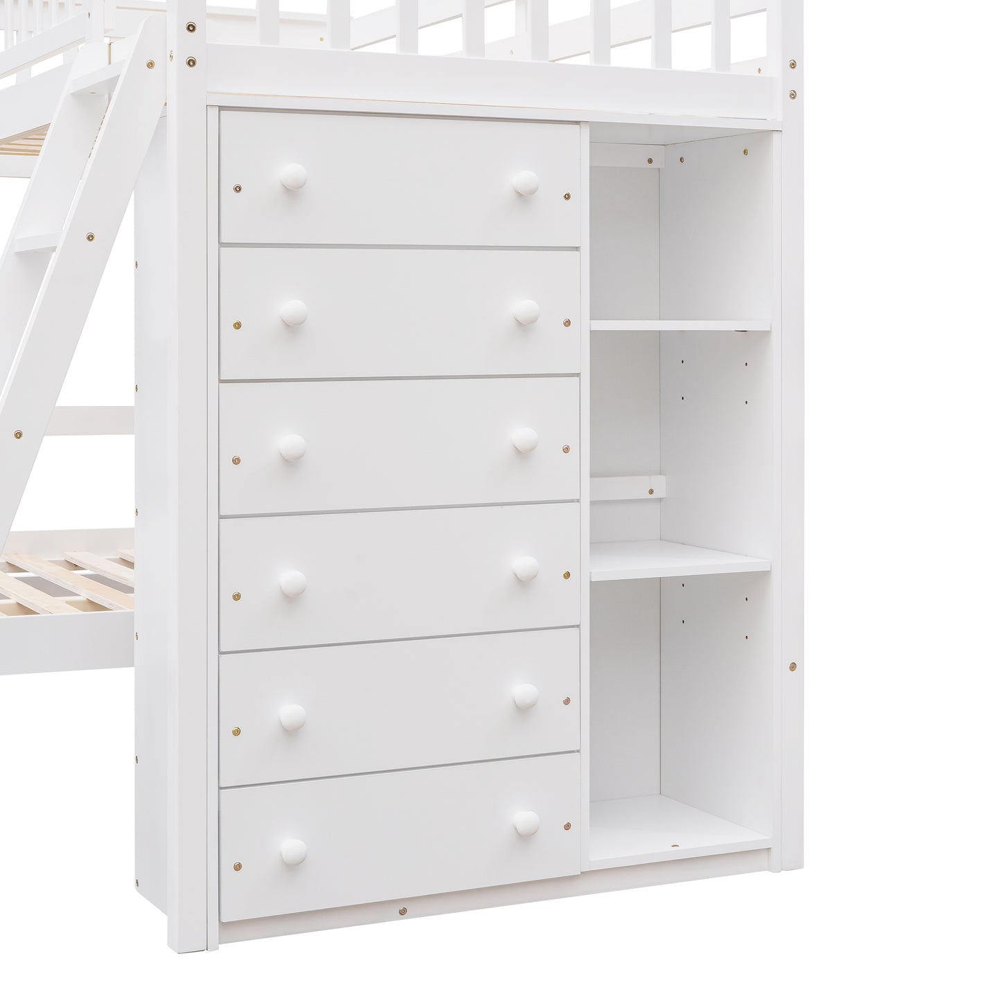 White Wooden Bunk Bed with Storage Drawers and Flexible Shelves, Twin Over Full Size Bed on Wheels