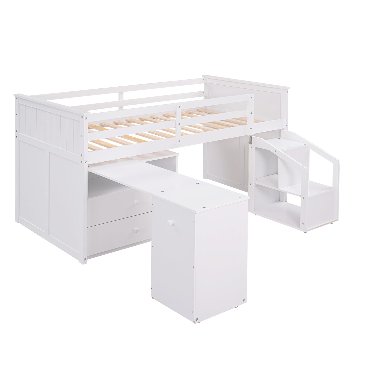 Loft Bed Low Study Twin Size Loft Bed With Storage Steps and Portable,Desk,White(: LT000101AAK)