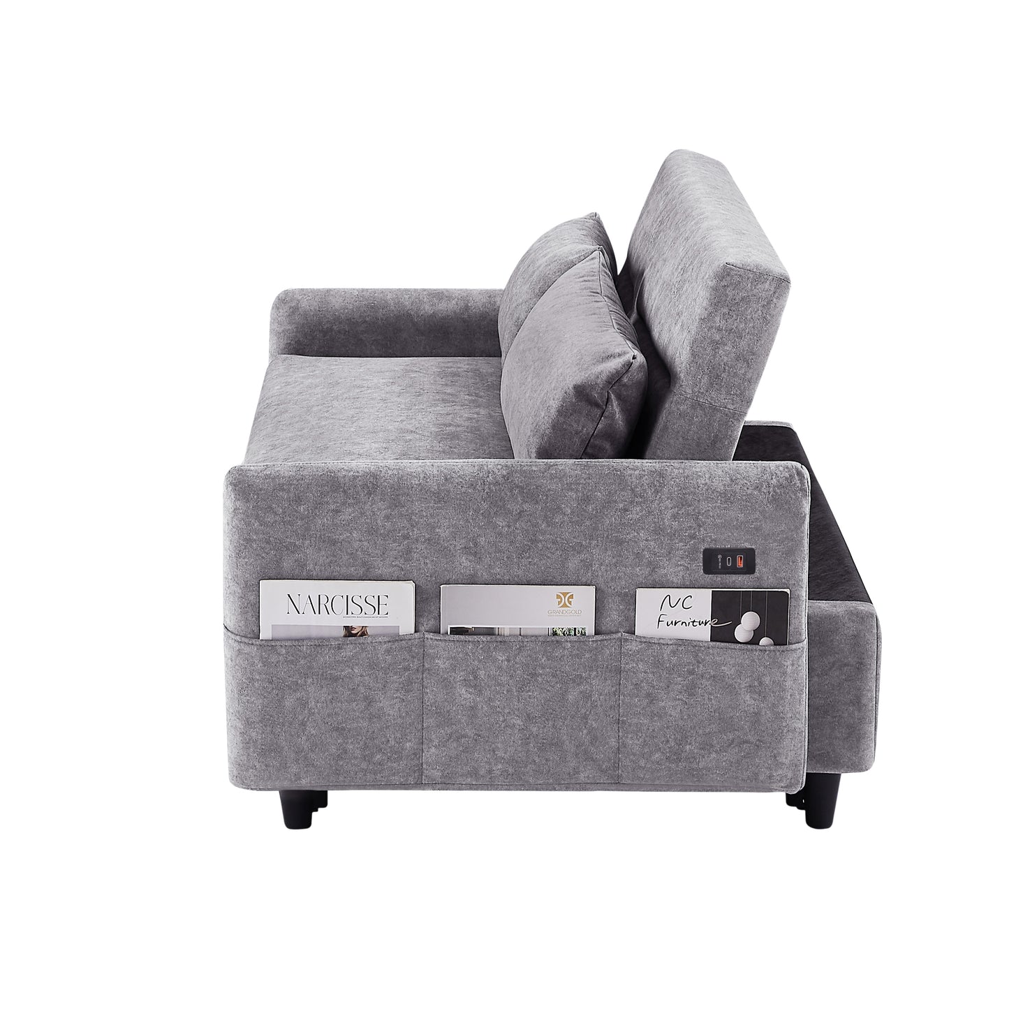 Adjustable Grey Loveseat Sofa Bed with USB Ports and Storage Pockets