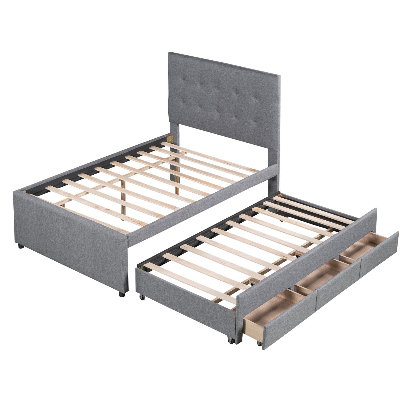 Full Size Upholstered Platform Bed with Pull-out Twin Size Trundle and 3 Drawers, Gray