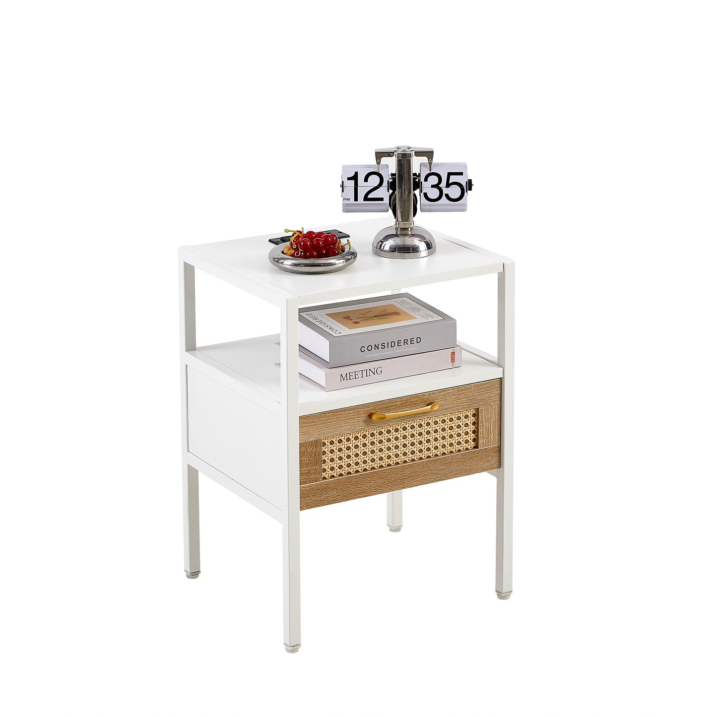 15.75" Rattan End table with Power Outlet  & USB Ports , Modern nightstand with drawer and metal legs, side table for living room, bedroom,white(1 PC)